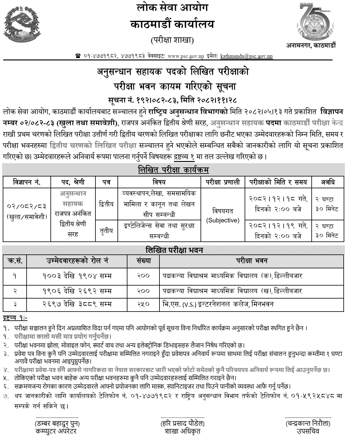 Rastriya Anusandhan Bibhag Anusandhan Sahayak Exam Centers Kathmandu 2082