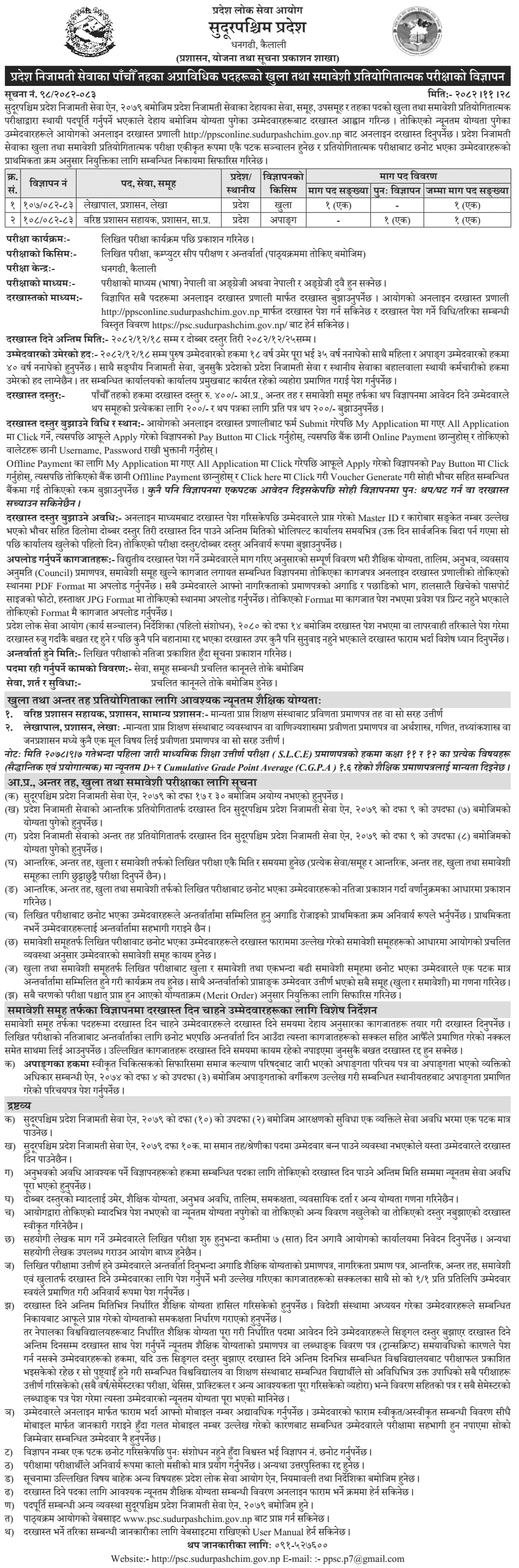 Sudurpashchim Pradhesh Lok Sewa Aayog 5th Level Sahayak Vacancy 2082