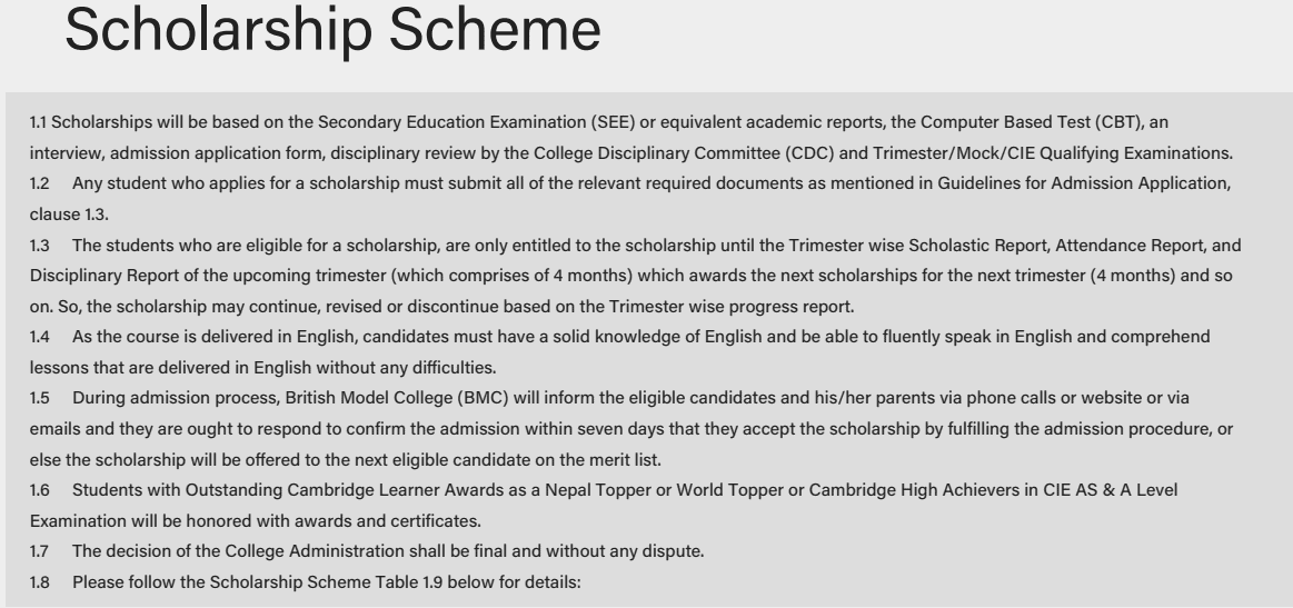 British Model College, Chakupat, Lalitpur Scholarship-1