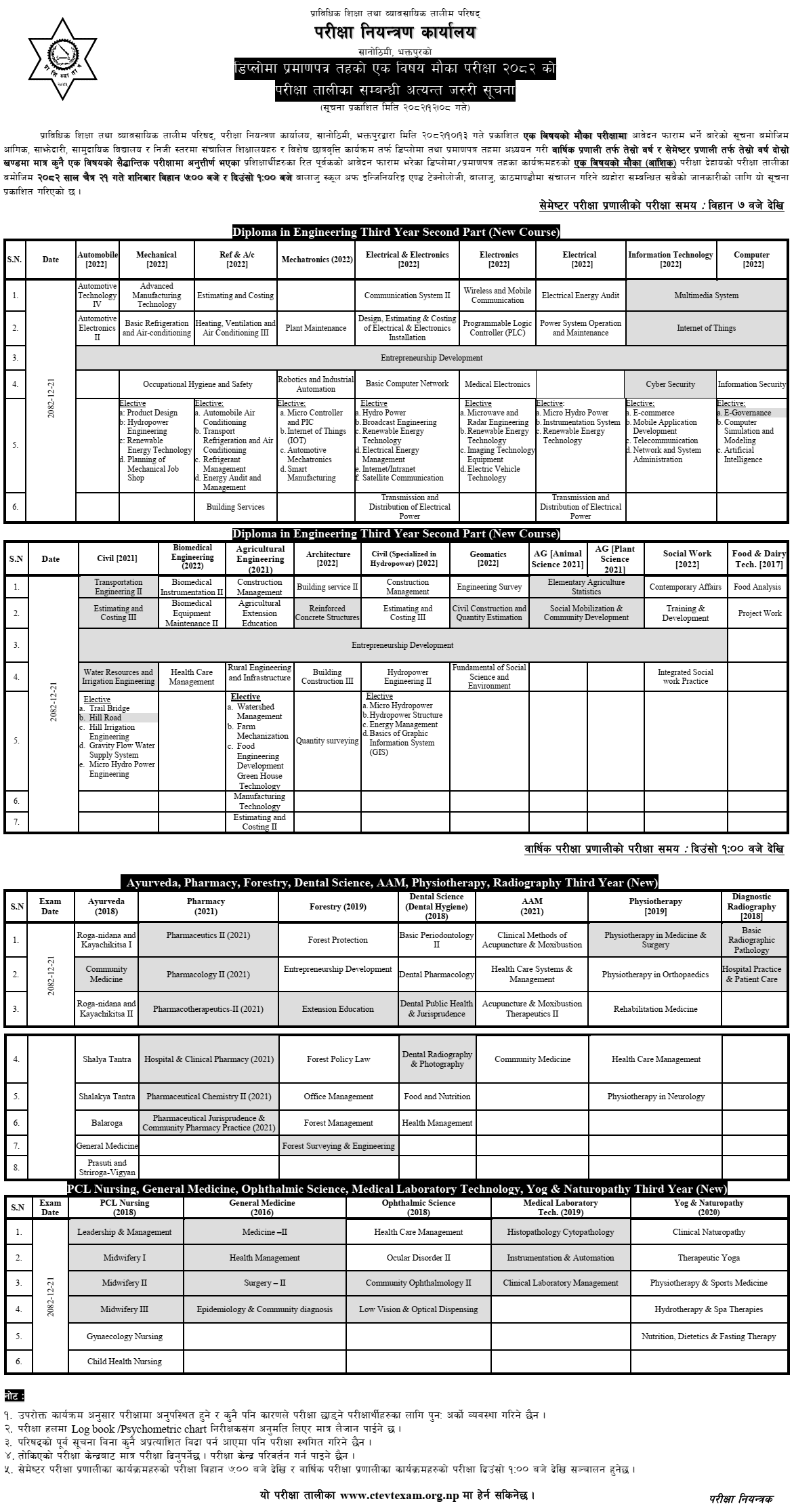 CTEVT One-Subject Chance Exam Schedule 2082