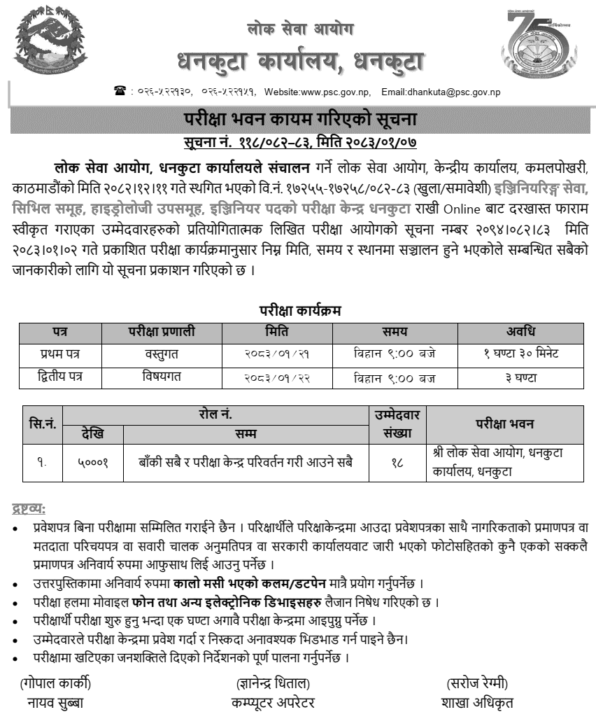 Engineer Hydrology Exam Center Set by PSC Dhankuta 2083