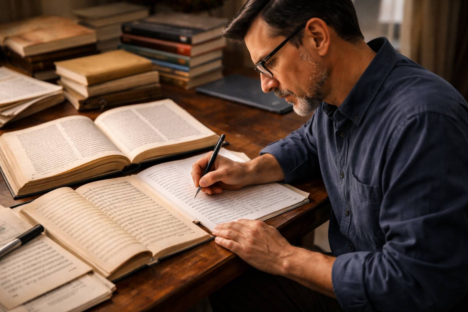 Focused translation work at a desk