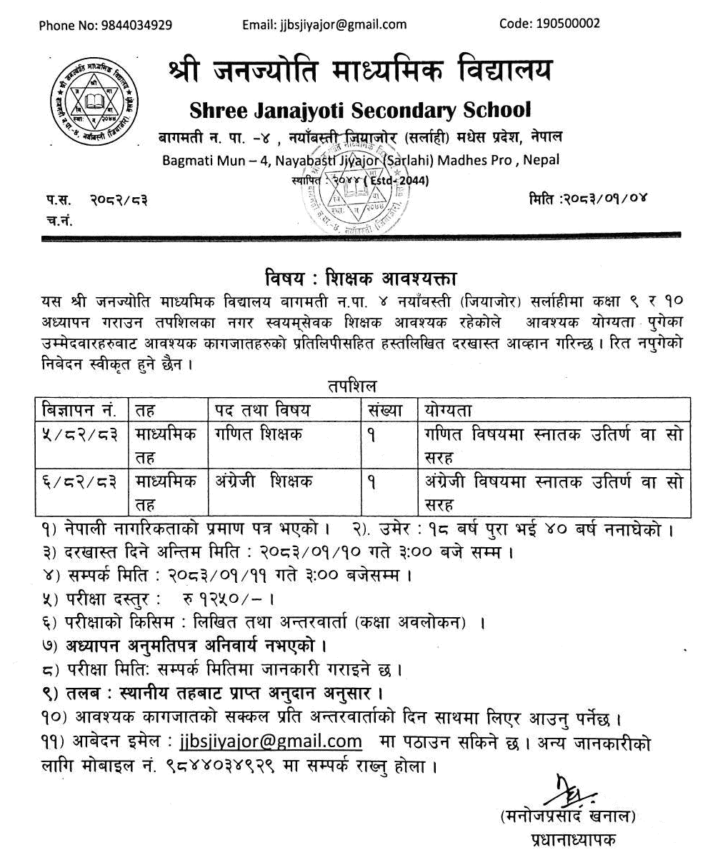 Janjyoti Secondary School Naya Basti Jiyajor Sarlahi Teacher Vacancy Notice
