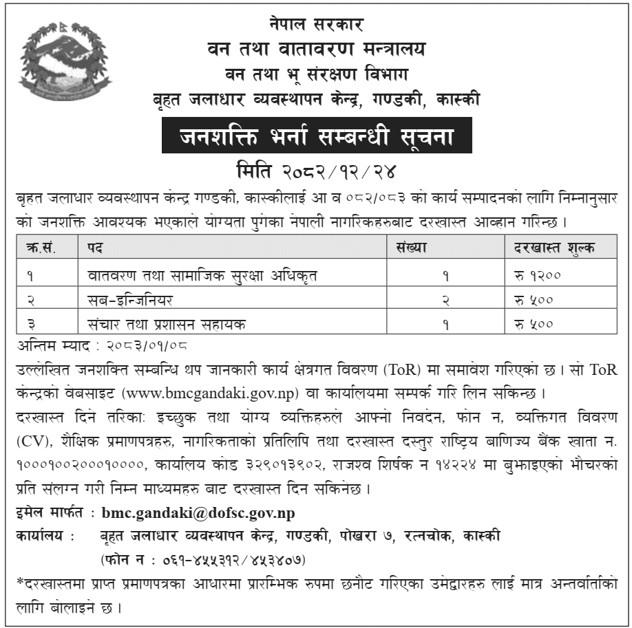 Large Watershed Management Centre Gandaki Vacancy Notice 
