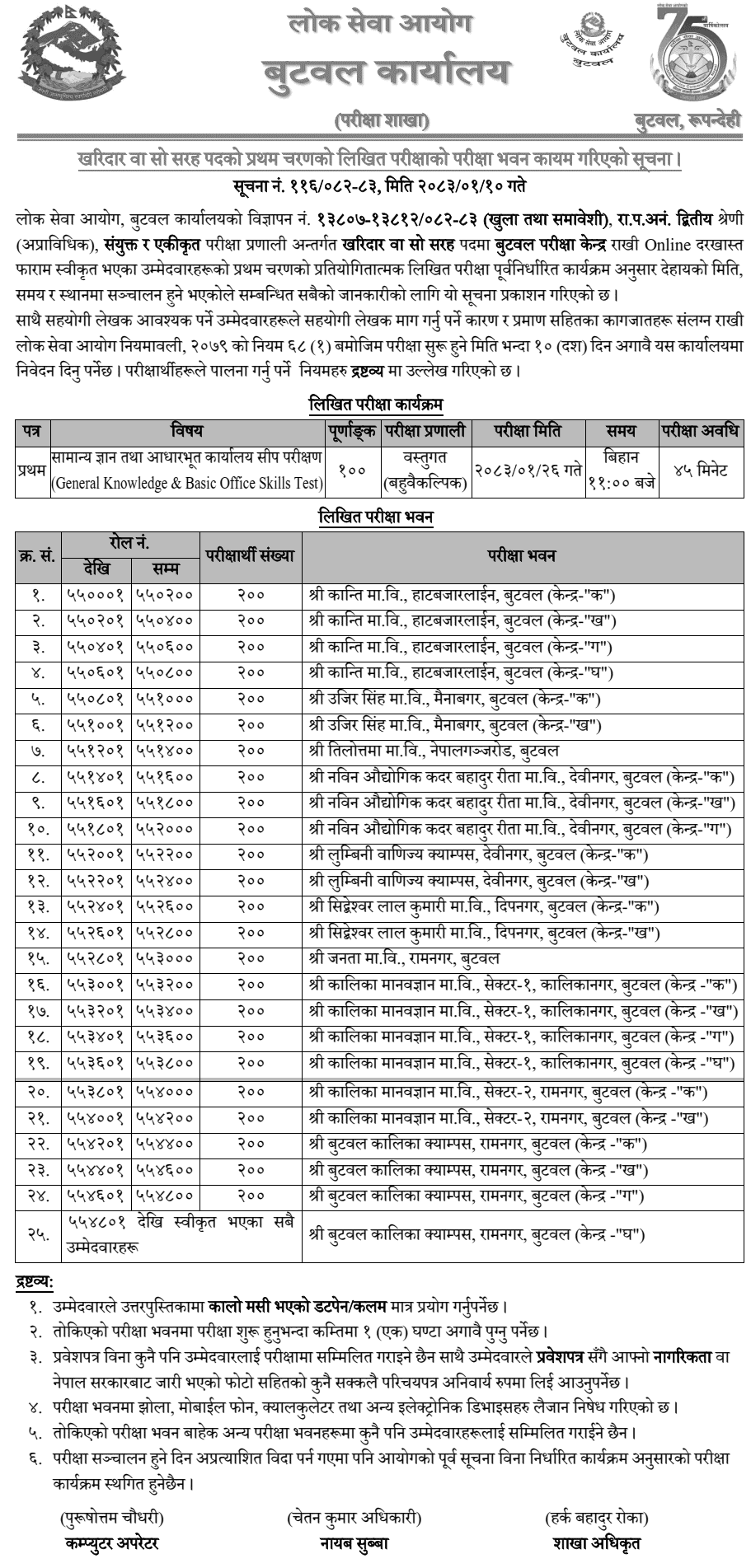 Lok Sewa Aayog Butwal Kharidar First Phase Exam Centers 2082-83