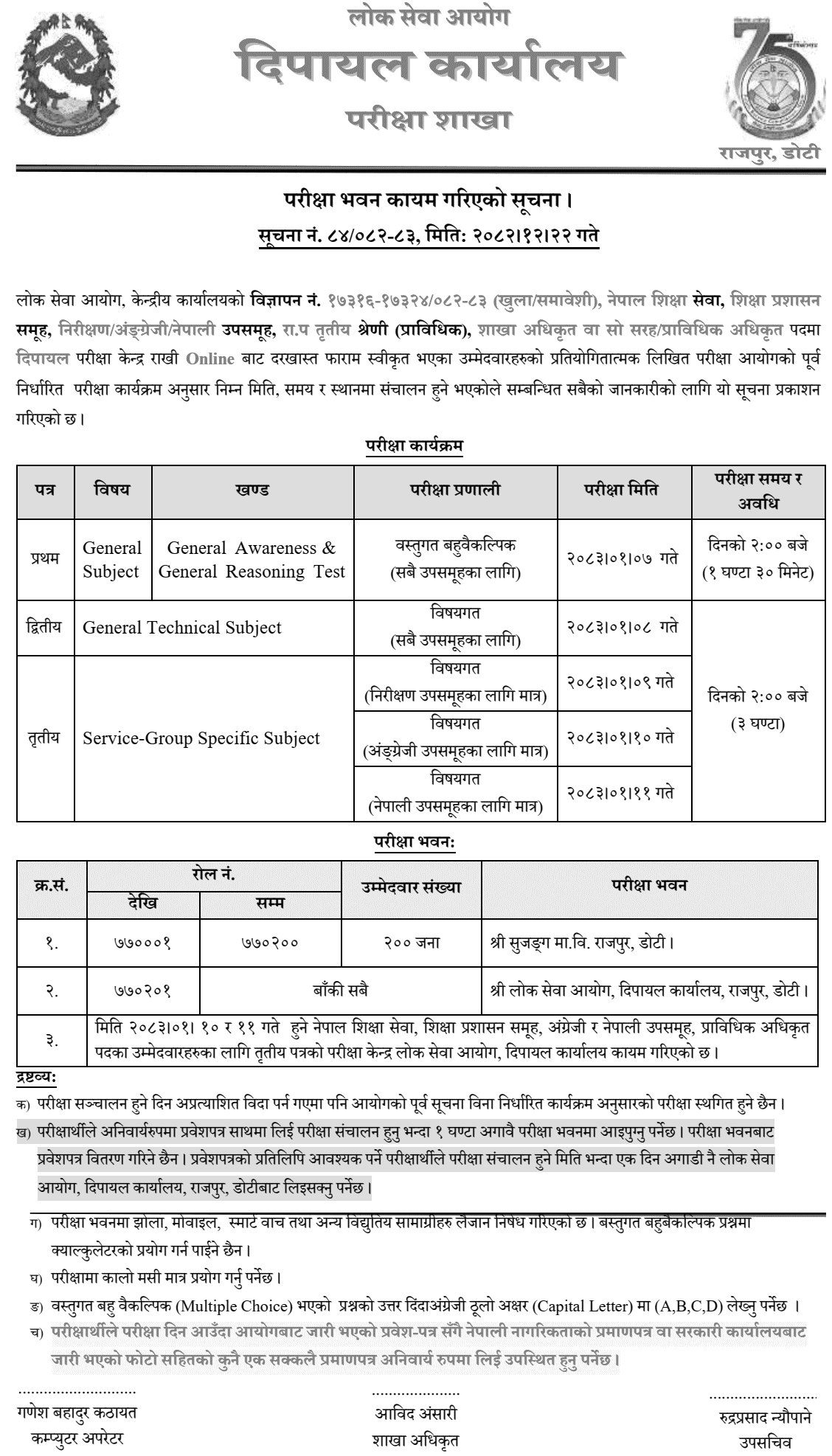 Lok Sewa Aayog Dipayal Technical Officer Exam Centers