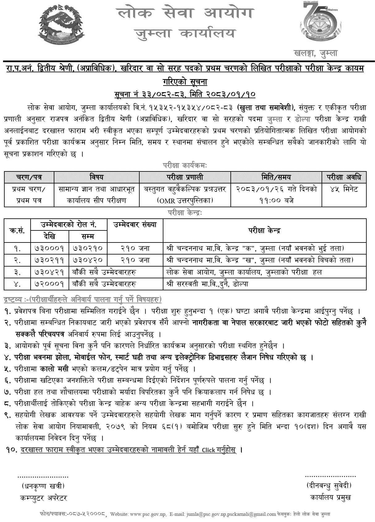 Lok Sewa Aayog Jumla Kharidar First Phase Exam Centers 2082-83