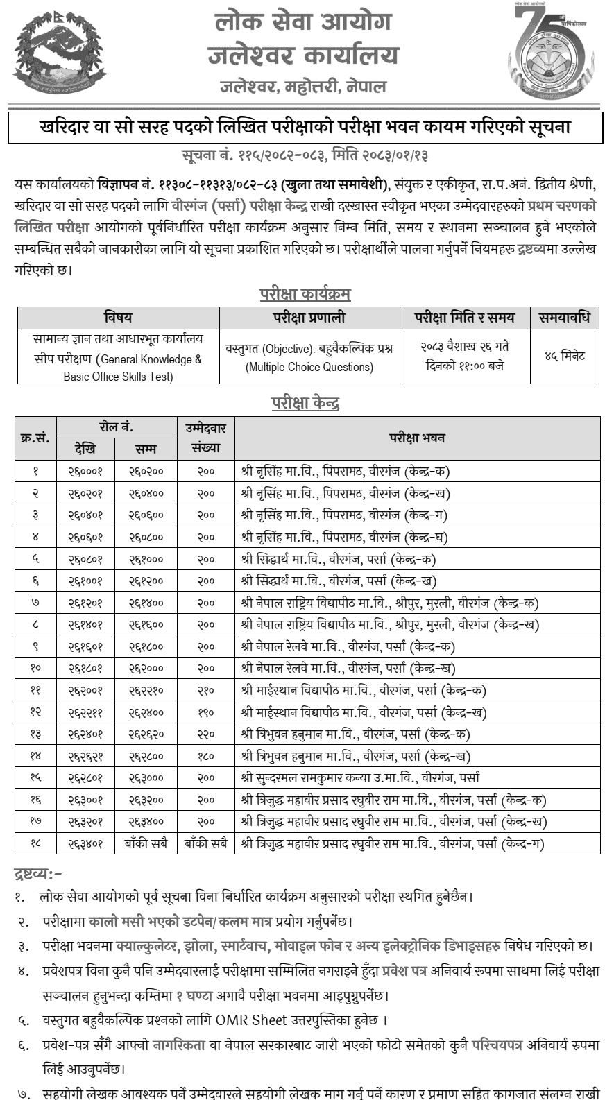 Lok Sewa Aayog Kharidar Exam Center Birgunj 2082-83