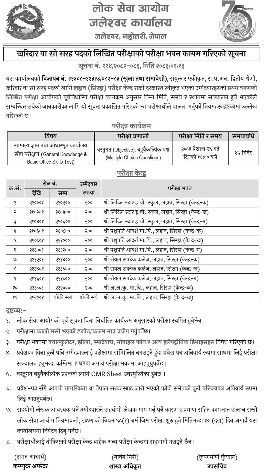 Lok Sewa Aayog Kharidar Exam Center Lahan 2082-83
