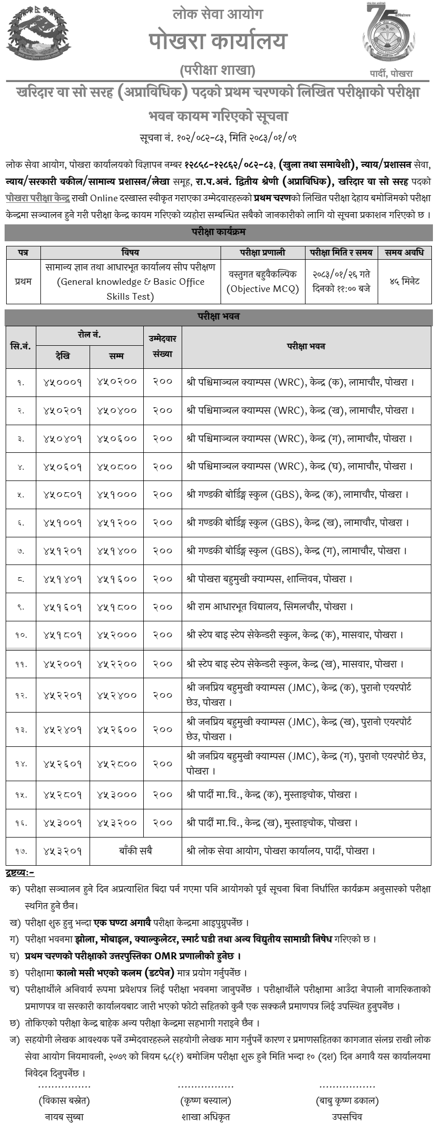 Lok Sewa Aayog Pokhara Kharidar First Phase Exam Centers 2082-83