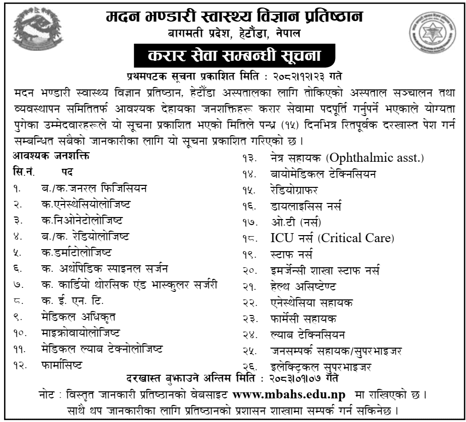 Madan Bhandari Academy of Health Sciences Contract Staff Notice