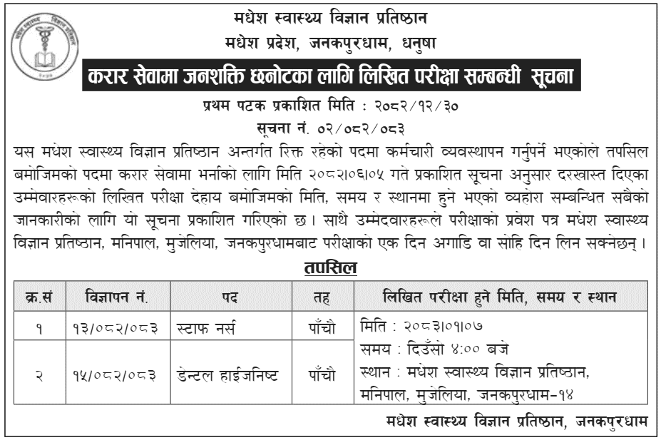 Madhesh Institute of Health Sciences Written Exam 2082