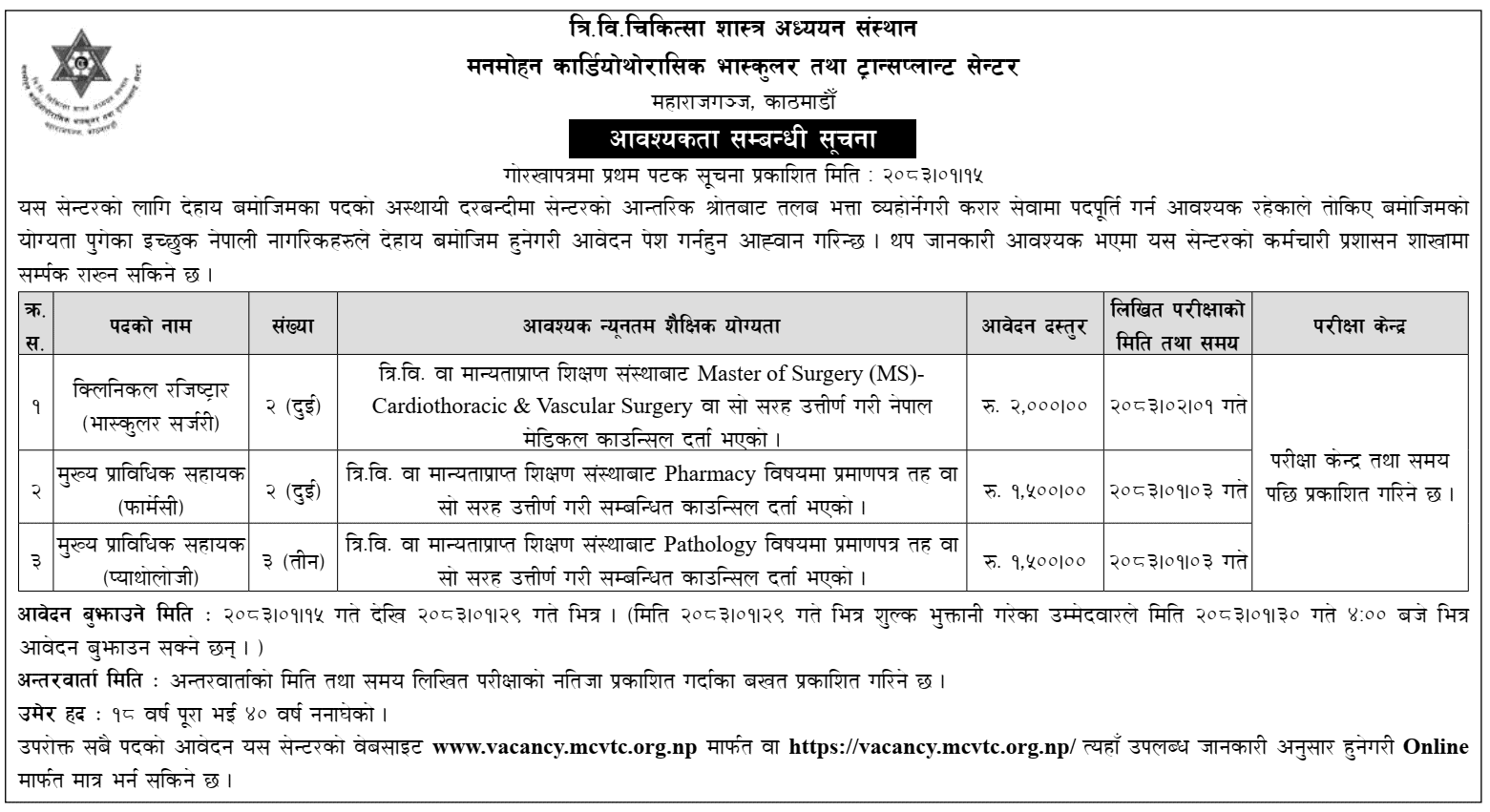 Manmohan Cardiothoracic Center Contract Vacancy 2083