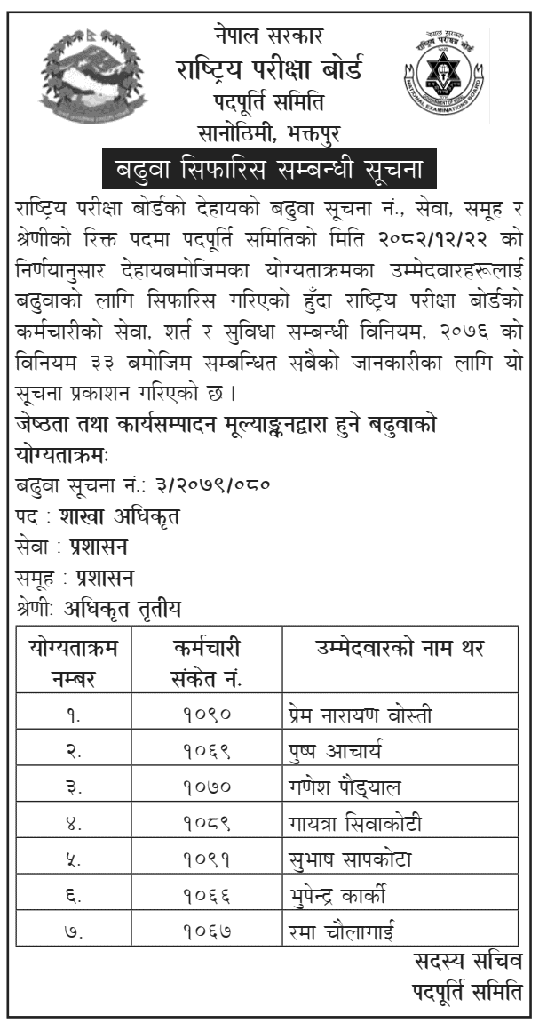 NEB Section Officer Promotion Recommendation Notice