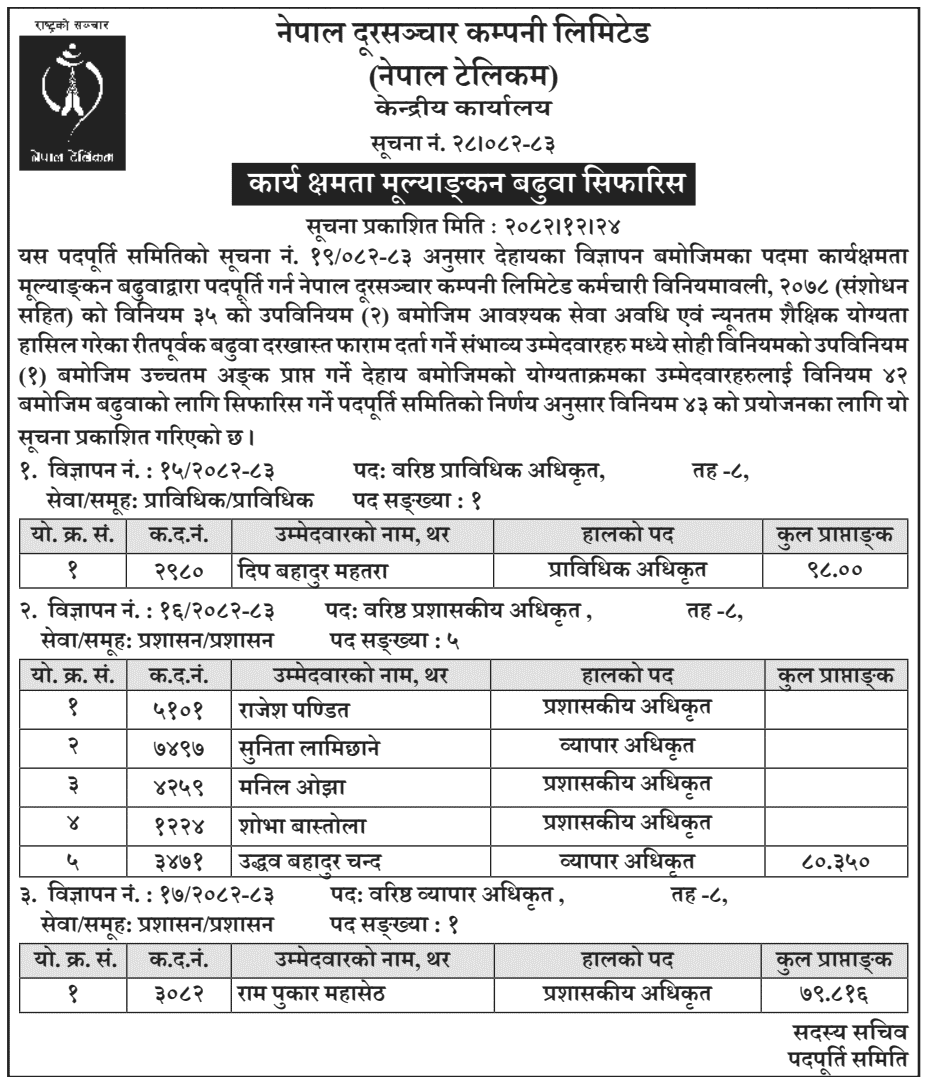 Nepal Telecom Officer Promotion Recommendation Notice 2082