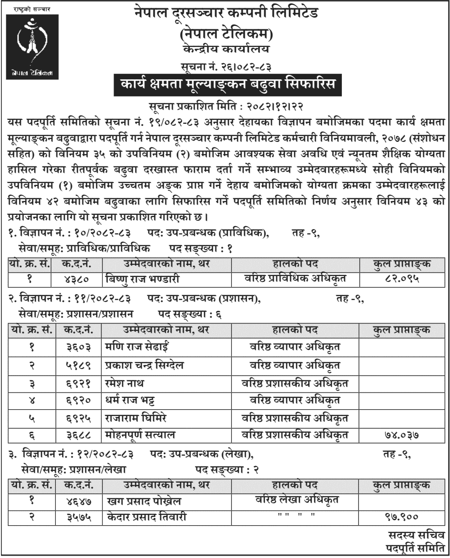 Nepal Telecom Promotion Recommendation Notice for 9th Level
