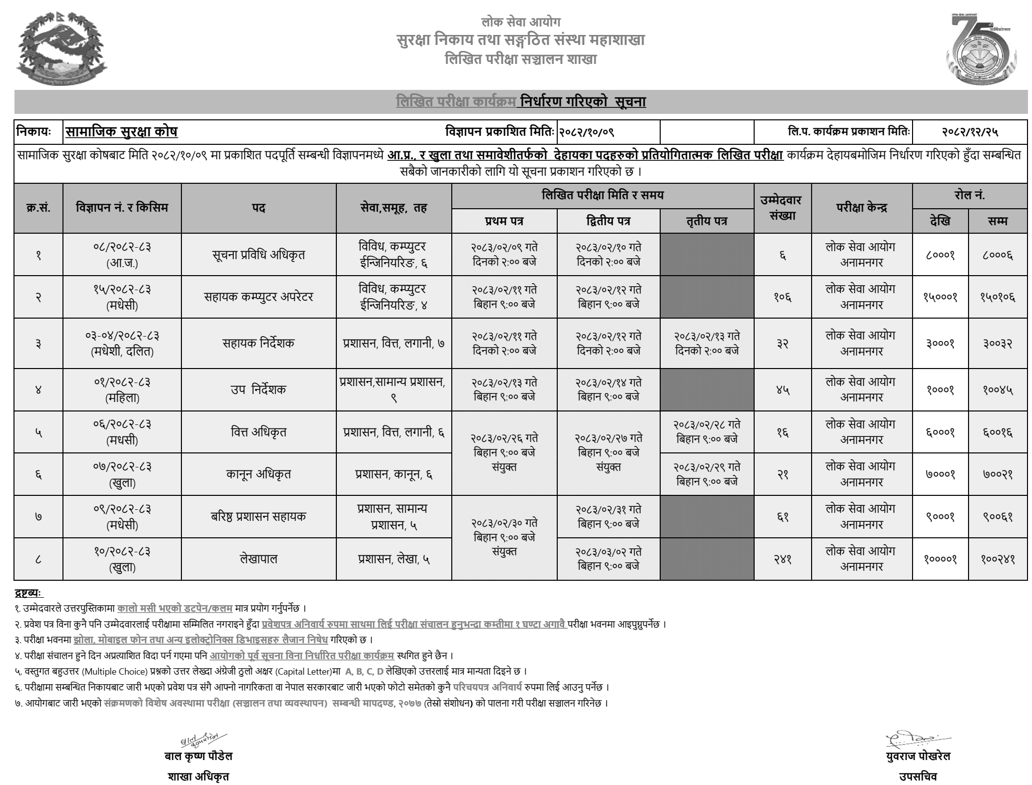 Social Security Fund SSF Samajik Suraksha Kosh Written Exam Schedule 2082