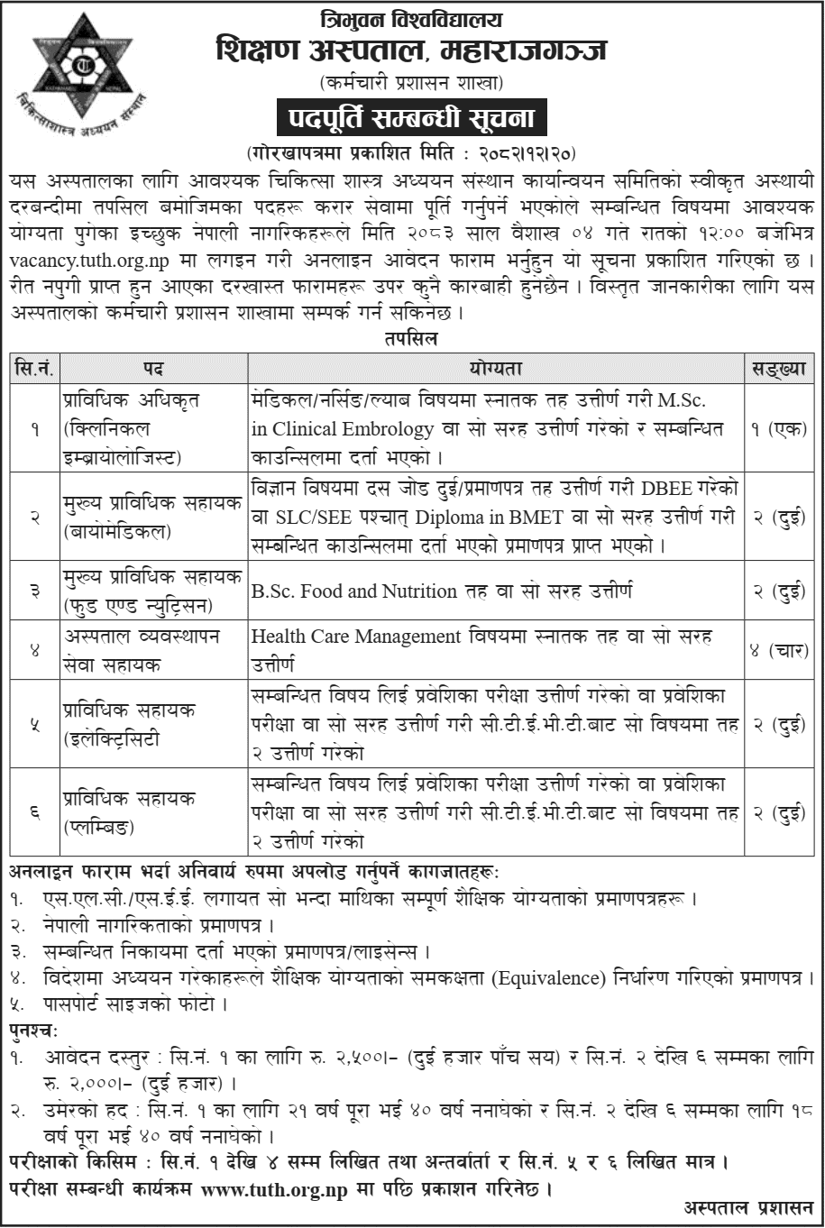 Tribhuvan University Teaching Hospital Contract Vacancy