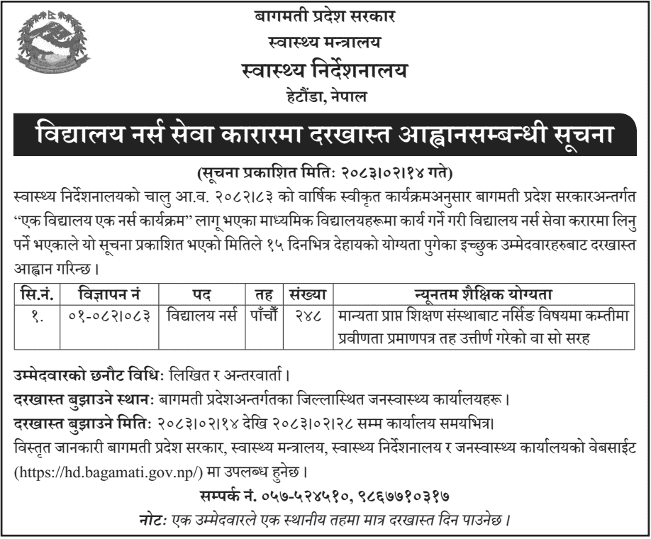 Bagmati Province School Nurse Vacancy for 248 Posts