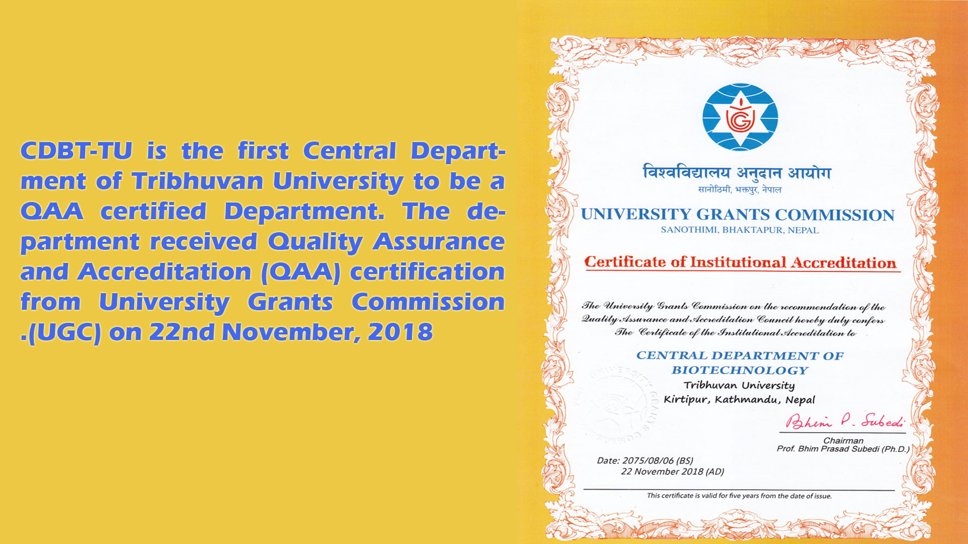Central Department of Biotechnology Tribhuvan University QAA Certificate