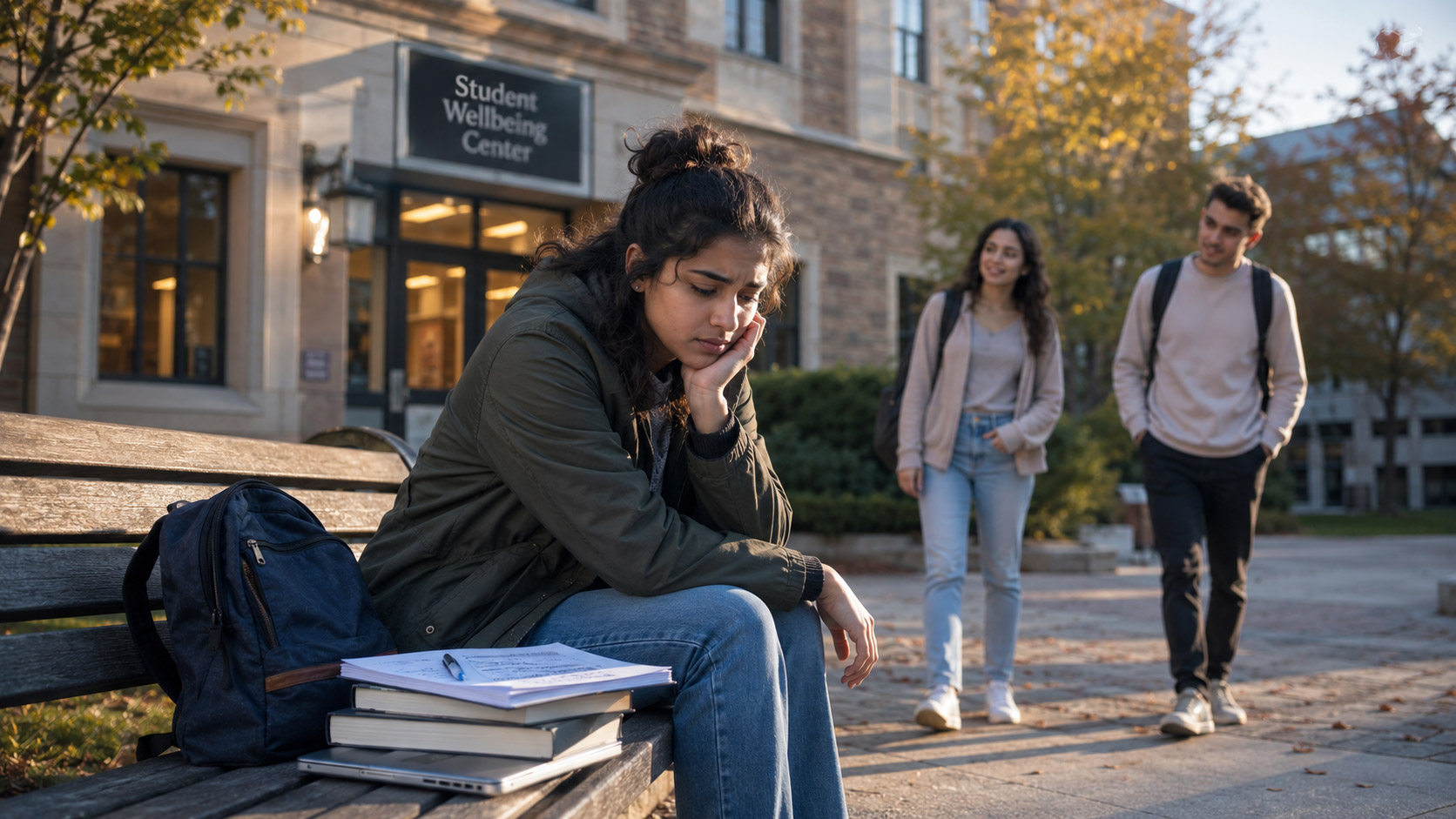 Contemplative moment on campus bench 