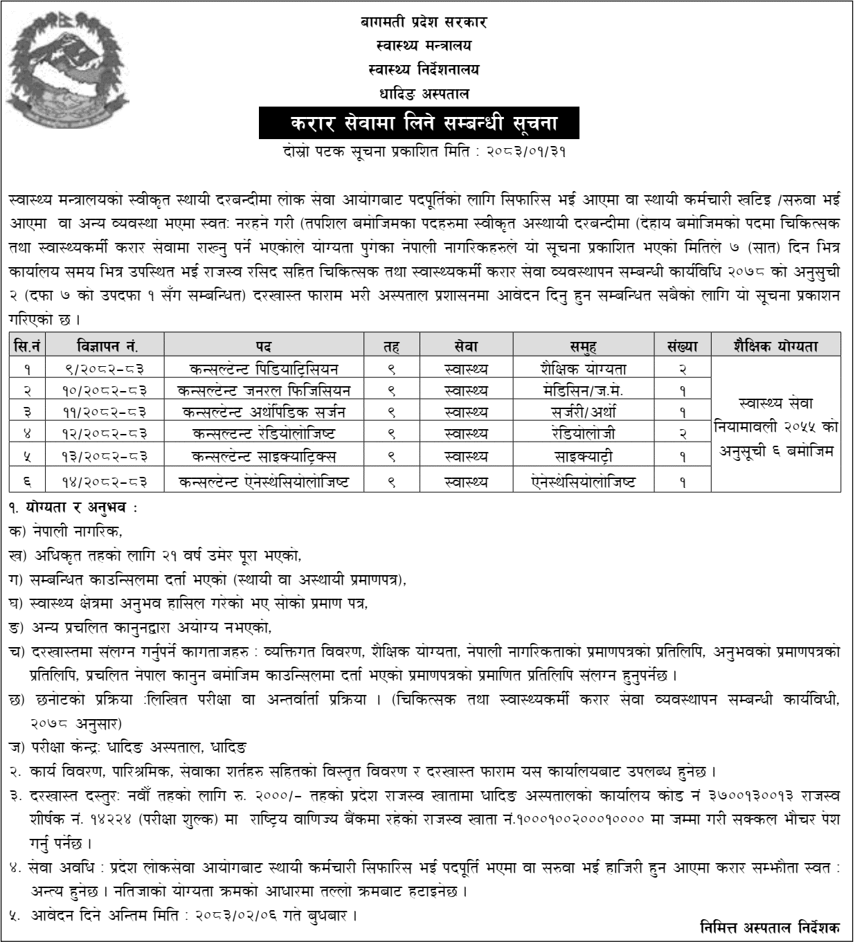 Dhading Hospital Contract Vacancy 2083 for 8 Specialist Doctors