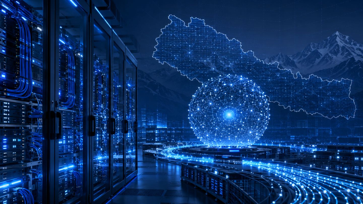 Futuristic data center with AI display 