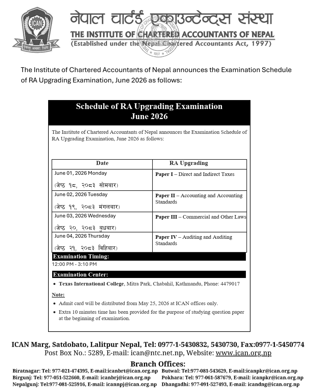 ICAN Notice for RA Upgrading Exam Schedule June 2026
