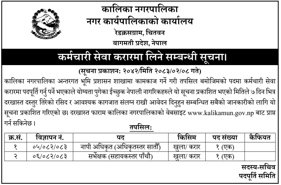Kalika Municipality Vacancy for Contract Surveyor and Survey Officer