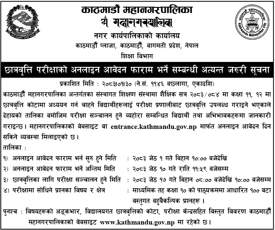 Kathmandu Metropolitan City Class 11 and 12 Scholarship 2083
