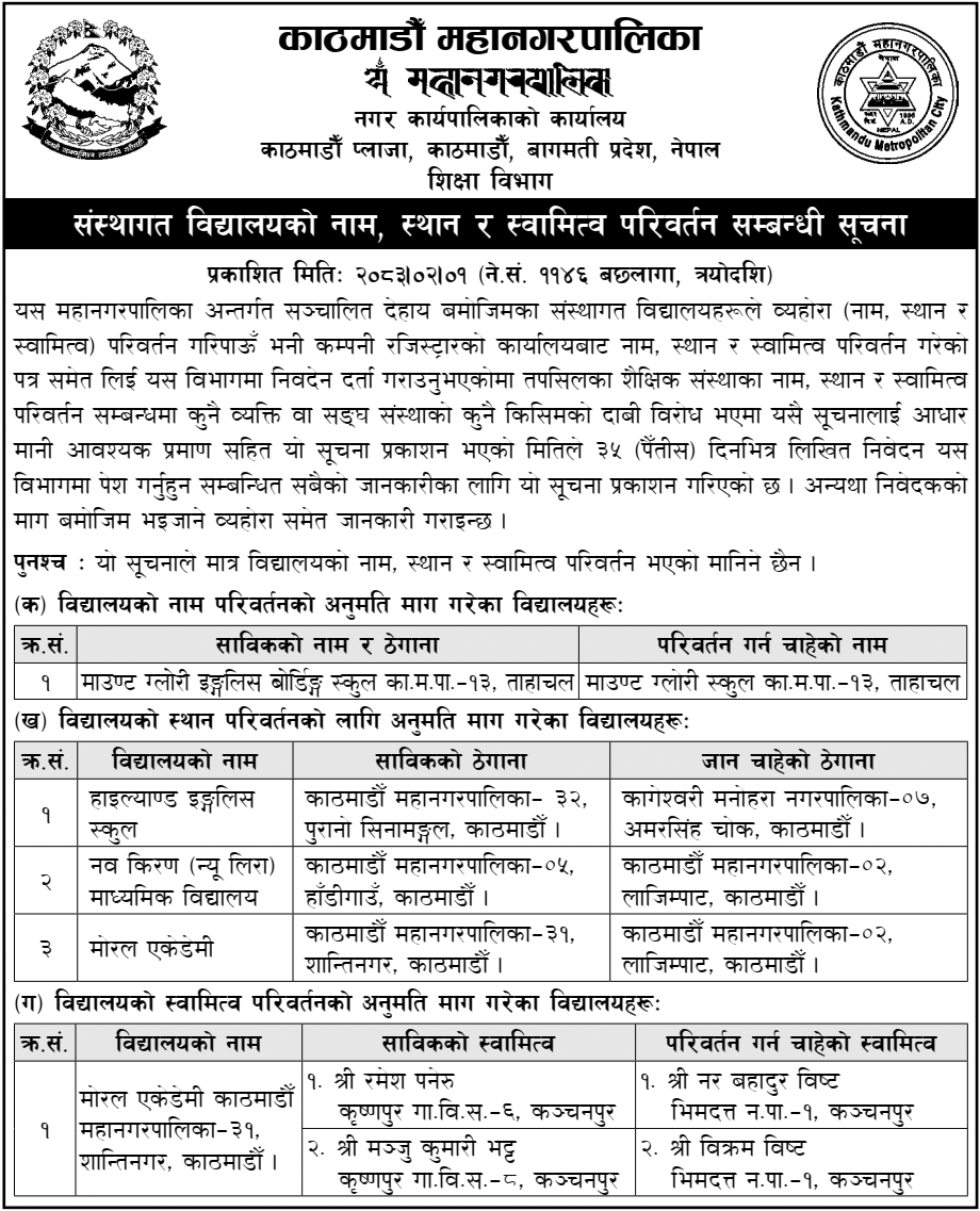 Kathmandu Schools Change, Location and Ownership Change Notice