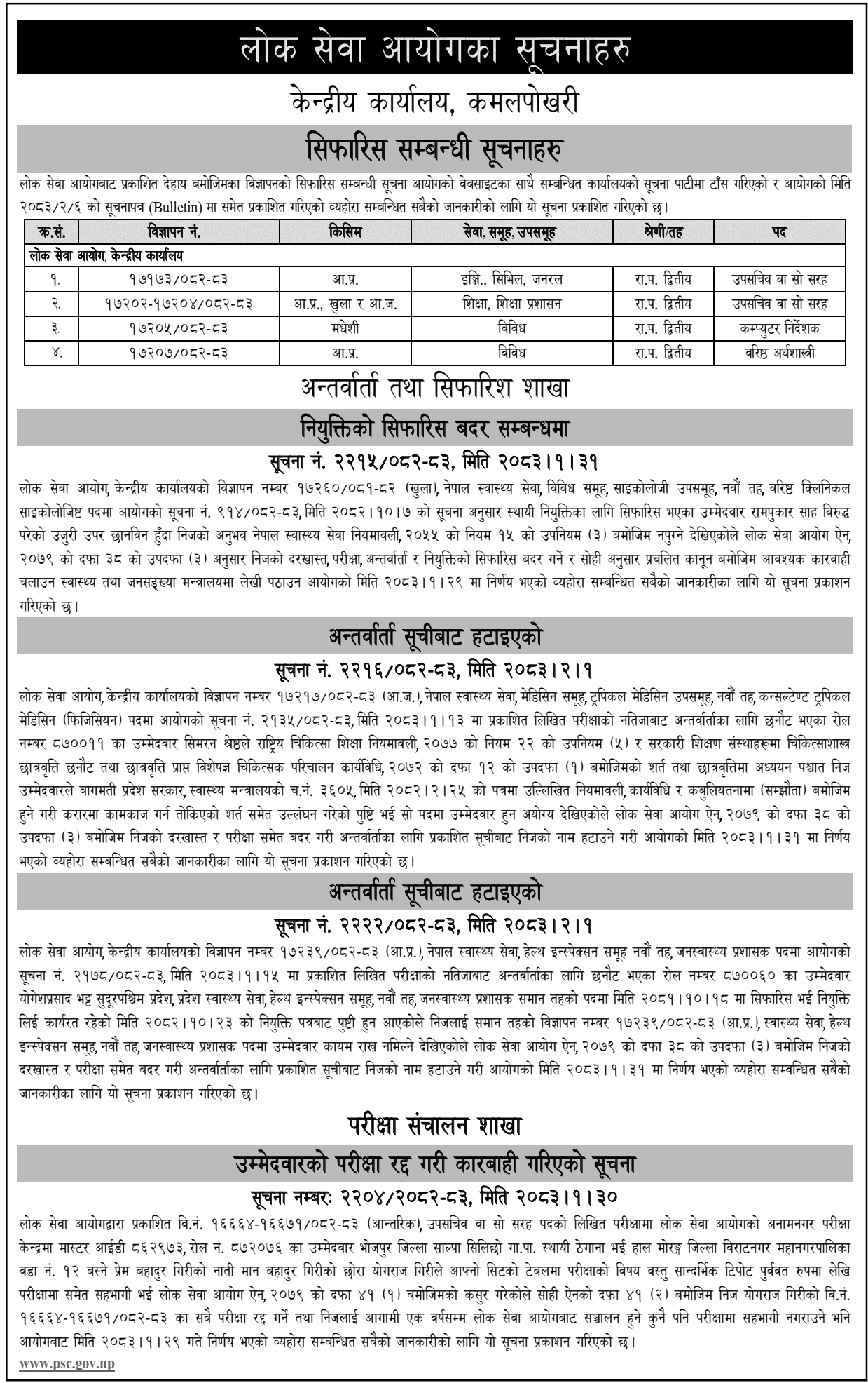 Lok Sewa Aayog Publishes Recommendation and Exam Notices