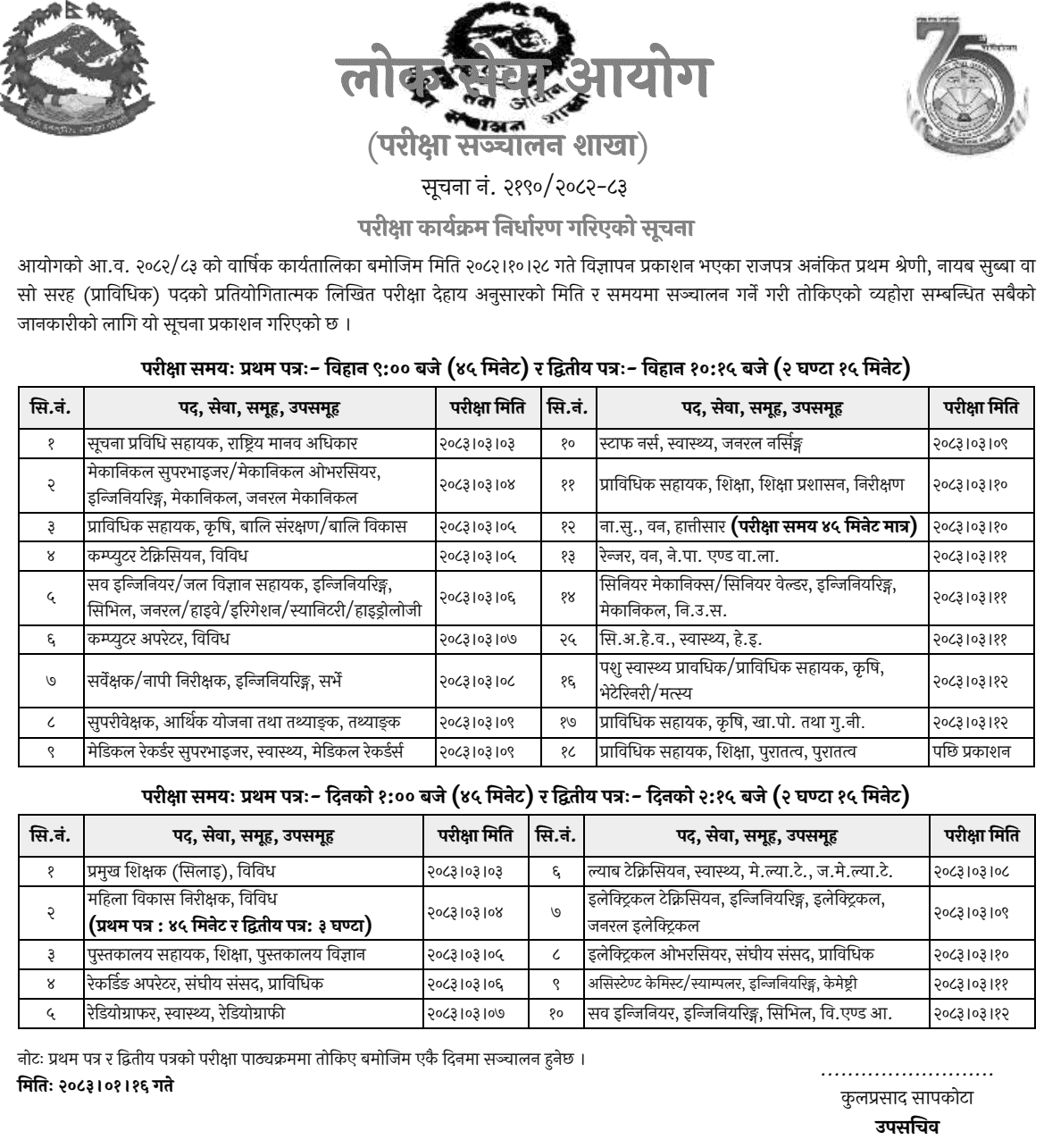 Lok Sewa Aayog Technical Nayab Subba Exam Schedule 2083