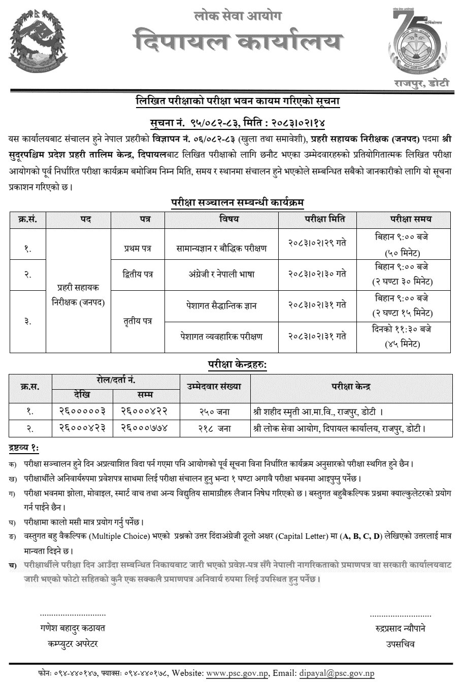 Nepal Police Dipayal ASI Written Exam Dipayal Centers 2083