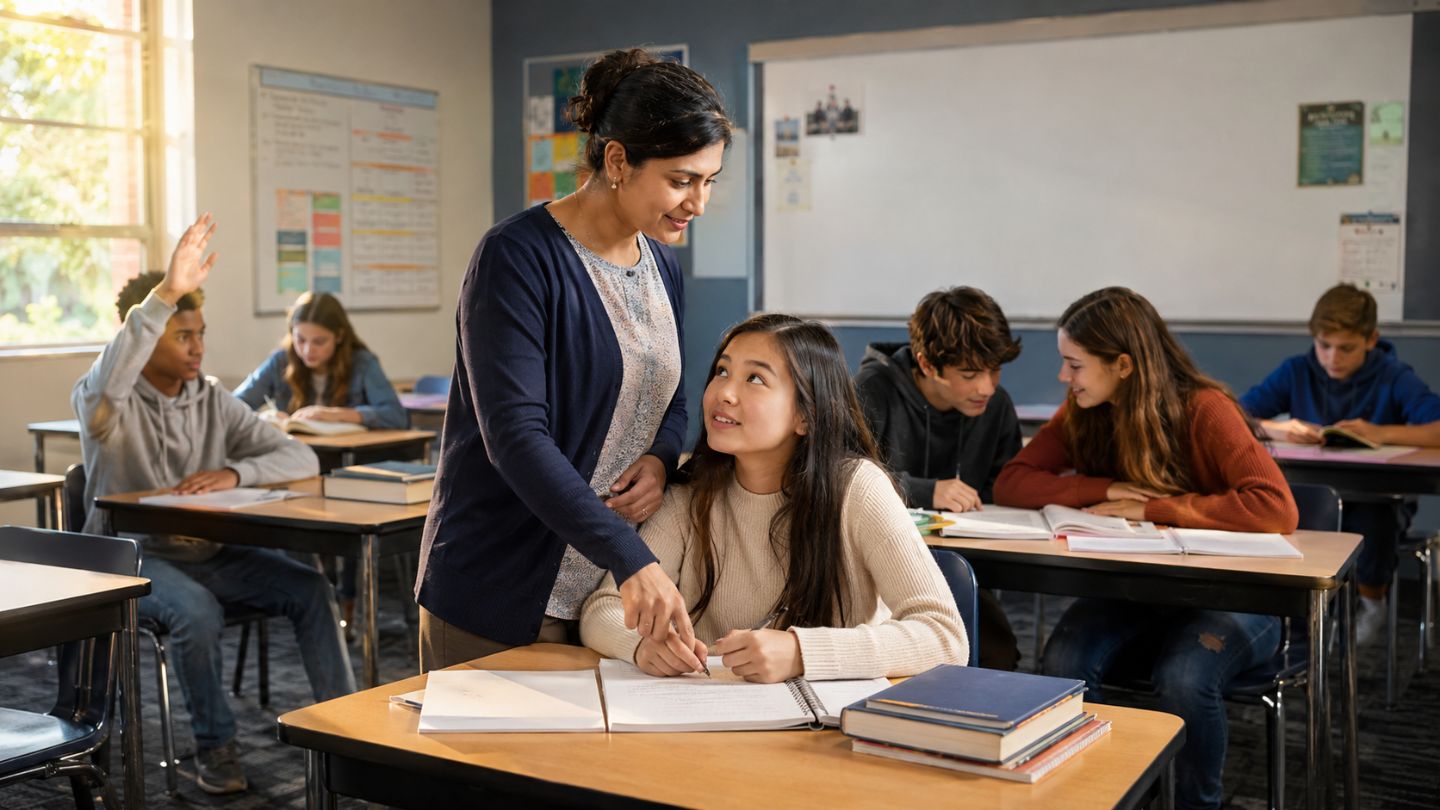 Teacher helping student in bright classroom 