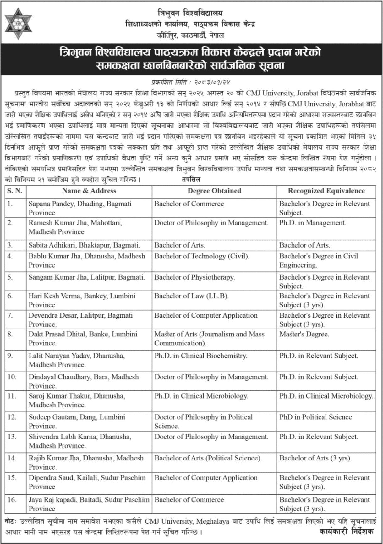 Tribhuvan University notice to verify CMJ University degrees