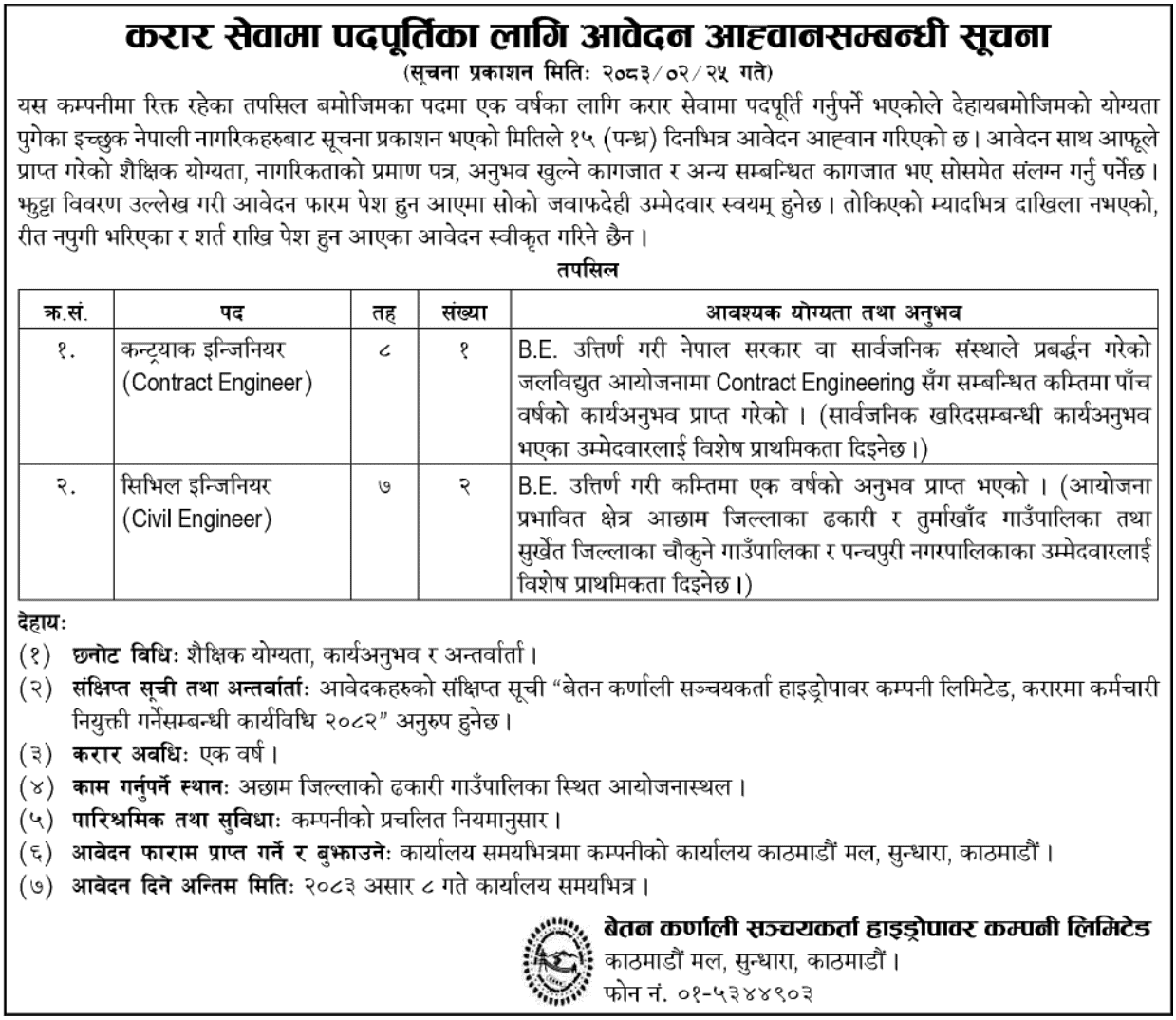 Betan Karnali Hydropower Contract Engineer Vacancy 2083 