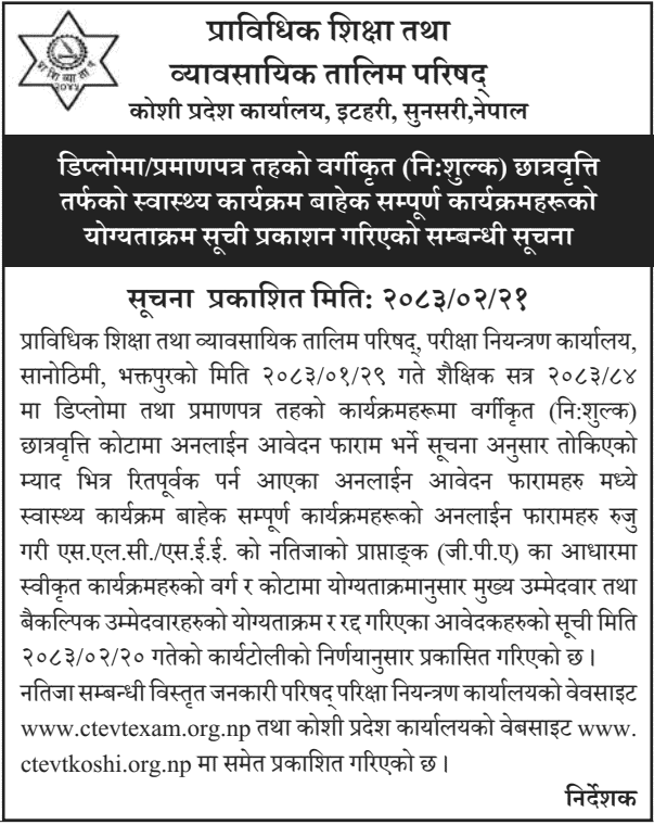 CTEVT Koshi Province Publishes Free Scholarship Merit List 2083 