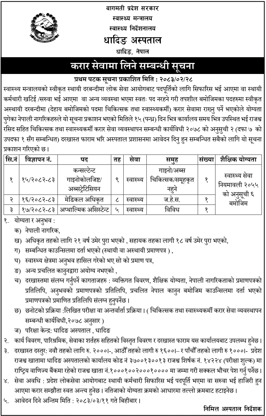 Dhading Hospital Contract Vacancy for Health Staff 2083