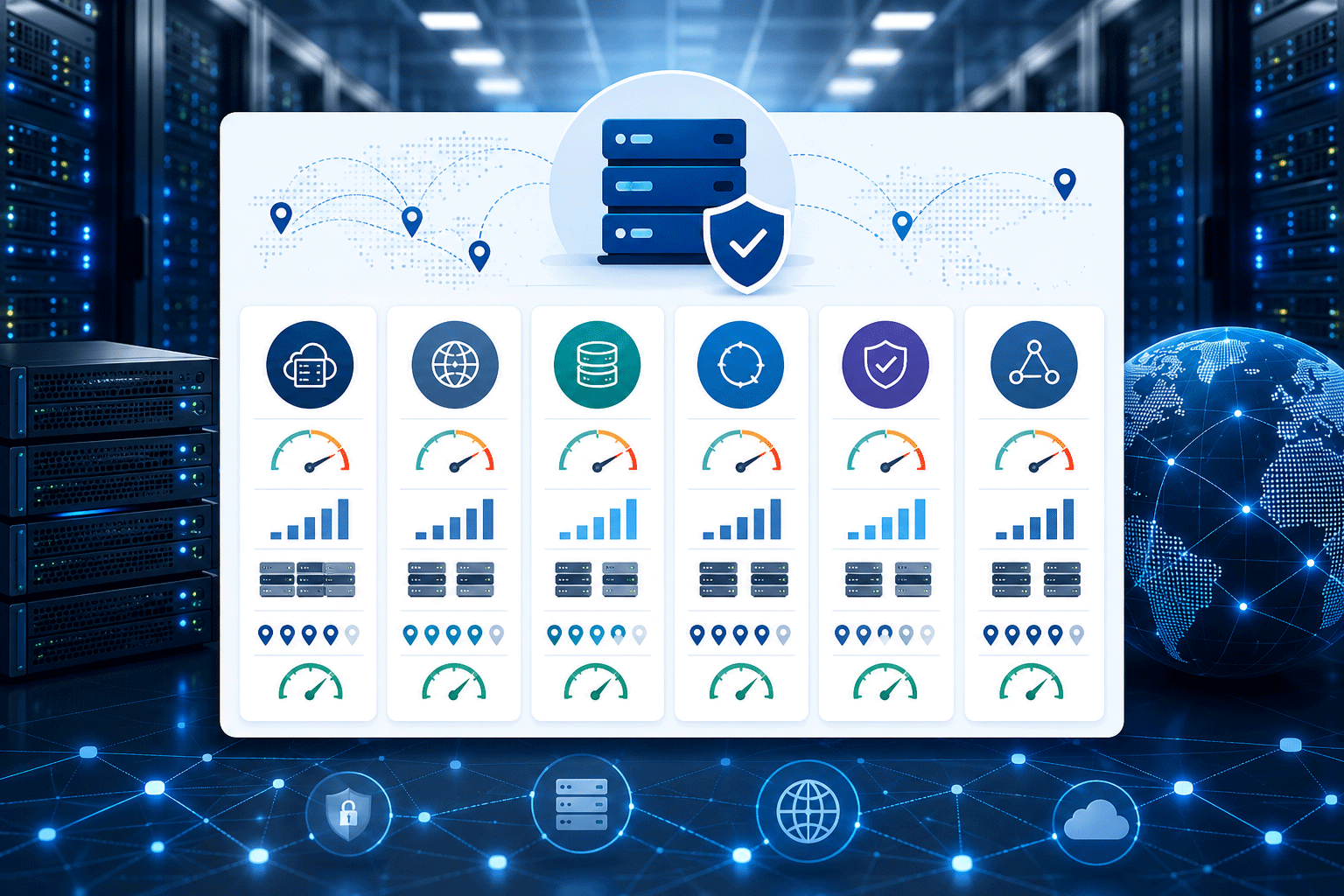 Futuristic data center analytics dashboard 