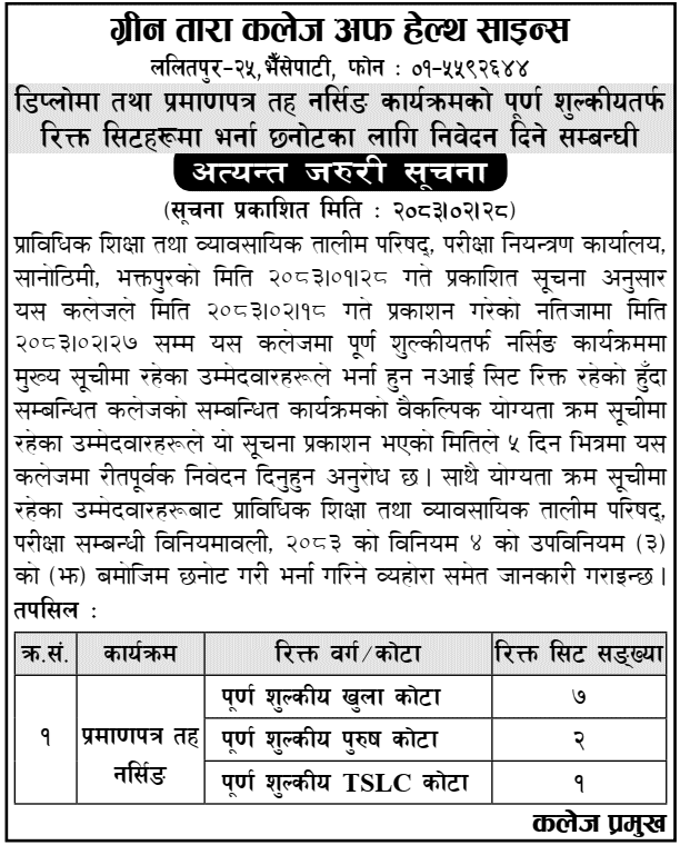 Green Tara College Nursing Admission Notice in Lalitpur 2083