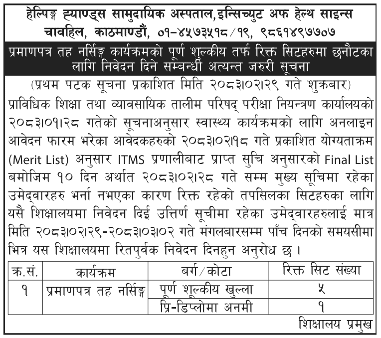 Helping Hands Invites Applications for Vacant Certificate Level Nursing Seats 2083