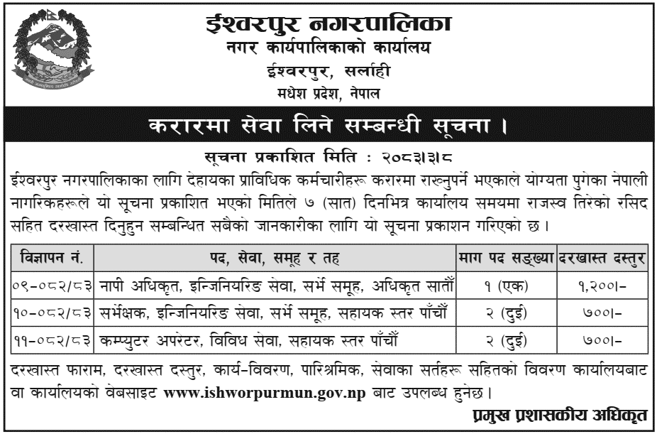 Ishworpur Municipality Contract Technical Staff Vacancy 2083
