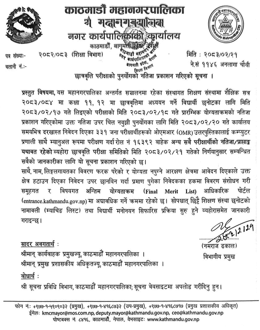 Kathmandu Mahanagar Class 11 and 12 Scholarship Re-Totaling Result 2083 