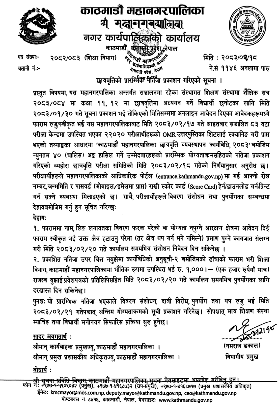 Kathmandu Mahanahar Class 11-12 Scholarship Result 14,057 Pass