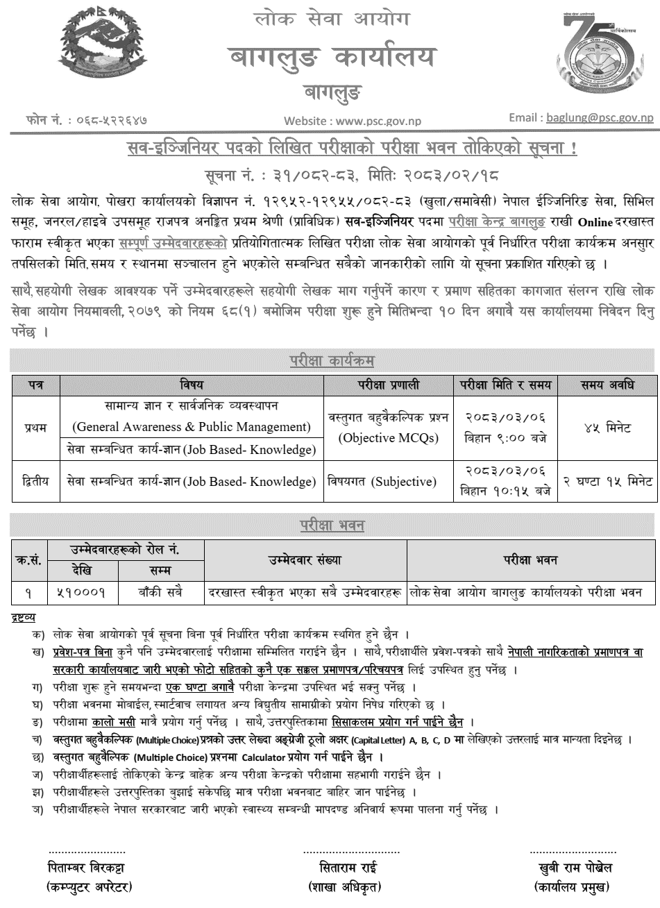 Lok Sewa Aayog Baglung Sub-Engineer Exam Center 2083