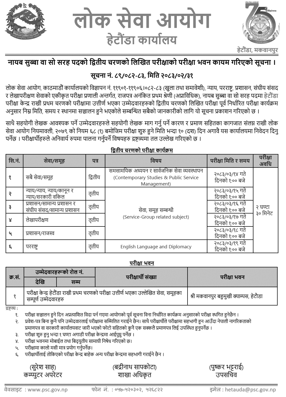 Lok Sewa Aayog Hetauda Announces Nayab Subba Exam Center and Schedule