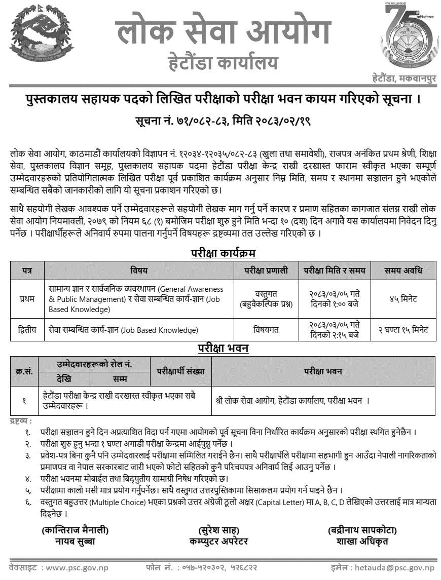 Lok Sewa Aayog Hetauda Library Assistant Exam Center 2083