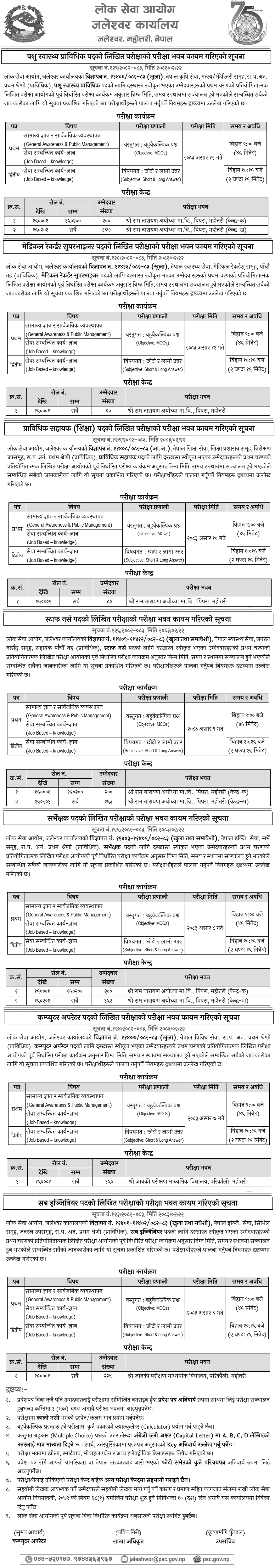 Lok Sewa Aayog Jaleshwar Prabidhik NaSu Exam Centers 2083