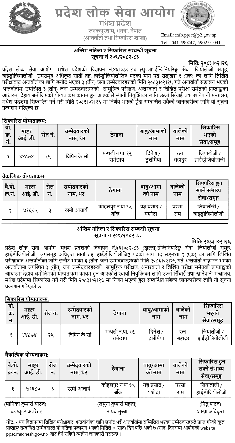 Madhesh Province PSC Hydrobiologist Final Result 2083 BS